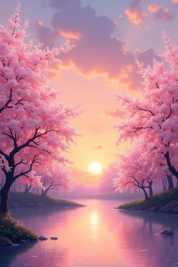 cherry blossoms sunset painting