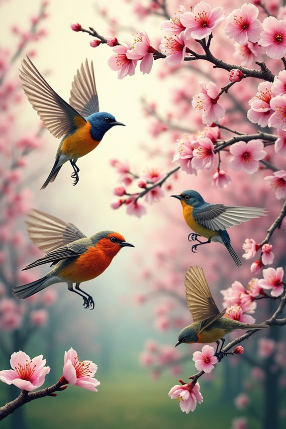 colorful songbirds in orchard