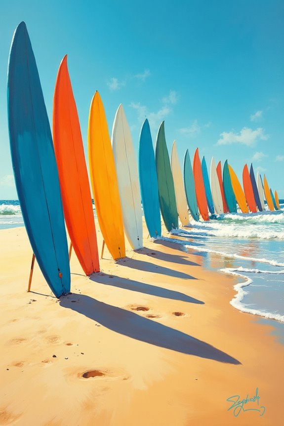 colorful surfboards on sand