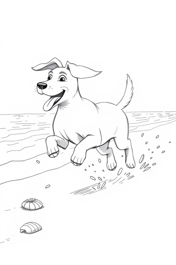 dog frolics on beach