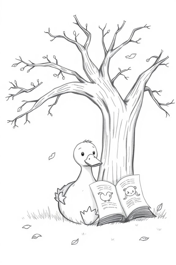 duck reading under tree