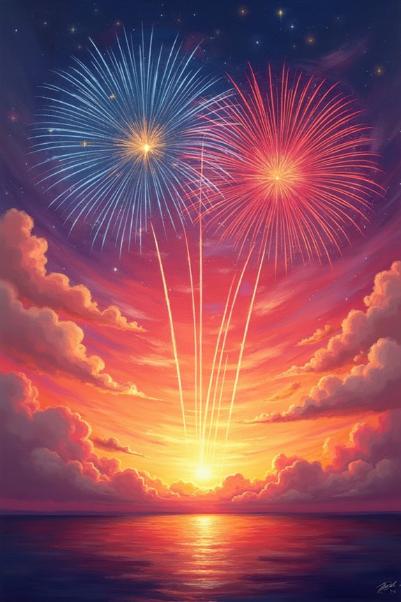 fireworks illuminate sunset sky