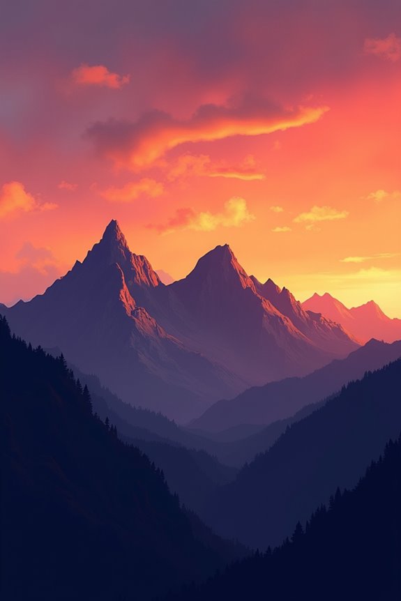 mountain sunset silhouette painting