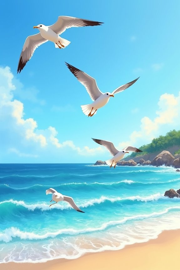 seagulls soaring above coast