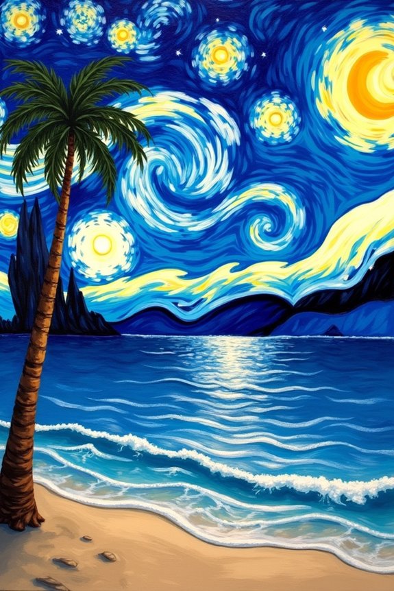 starry beach night painting