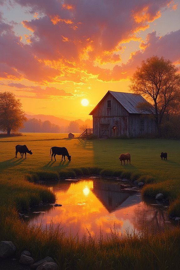 sunset over rustic farm