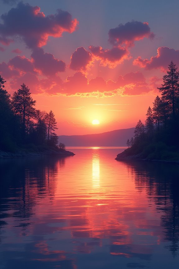 tranquil sunset lake reflection