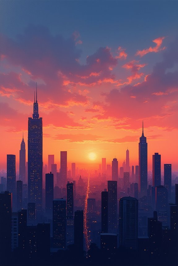 urban skyline dusk painting