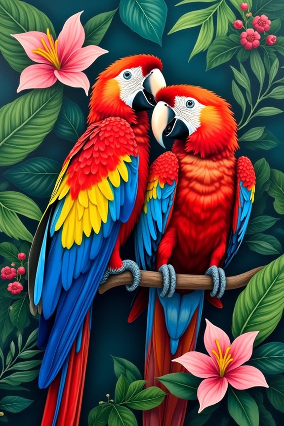 vibrant parrots in foliage