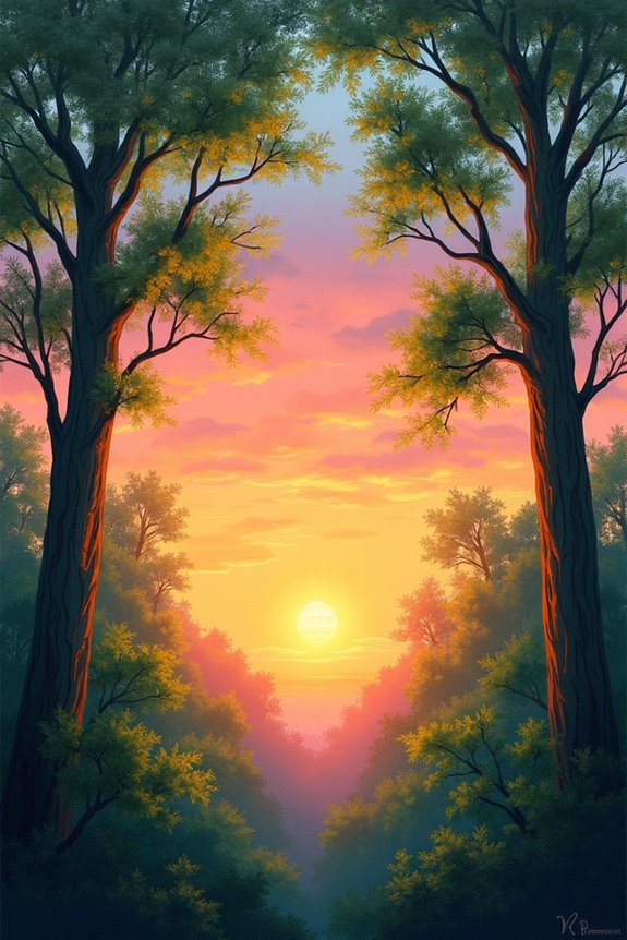 vibrant sunset through foliage