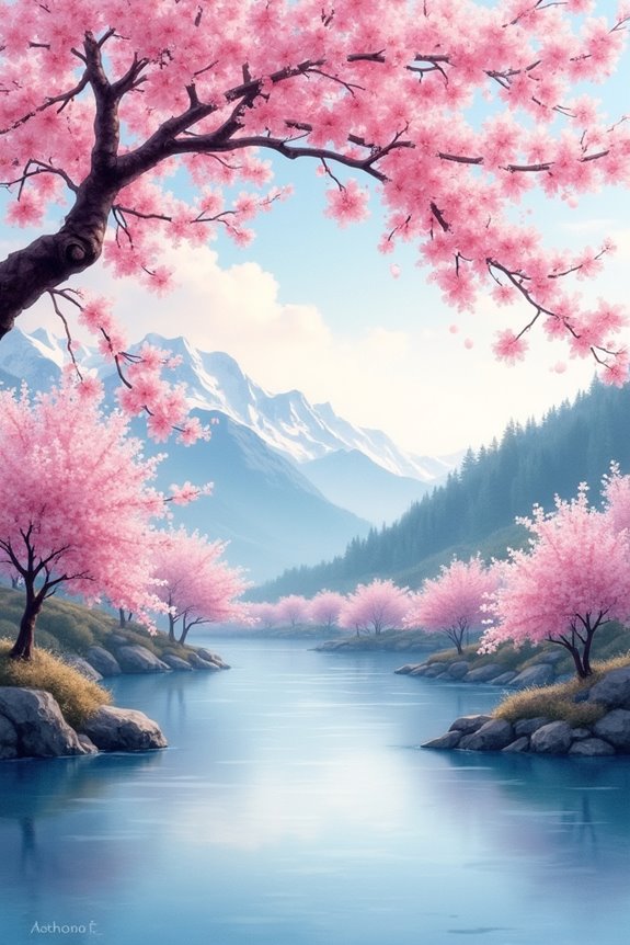 watercolor cherry blossom landscape