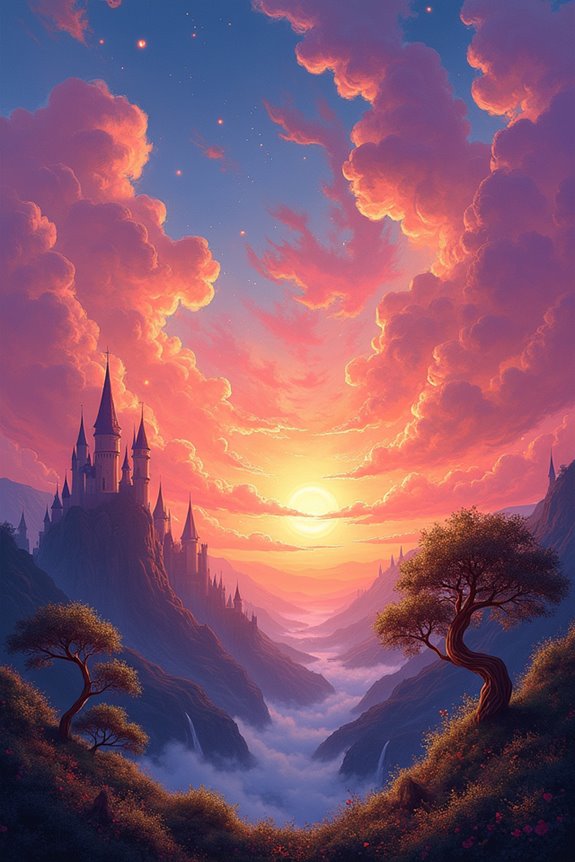 whimsical sunset with creatures